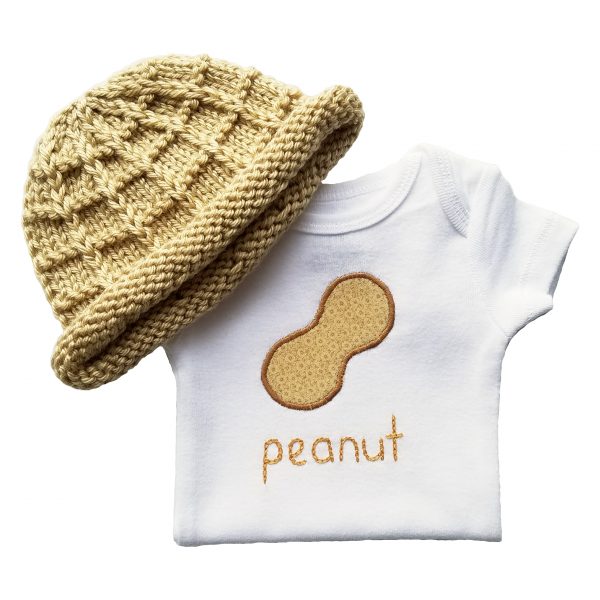 peanut bodysuit and hand knit hat