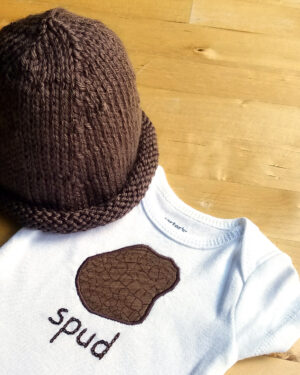 spud hand embroidered bodysuit and hand knit spud hat