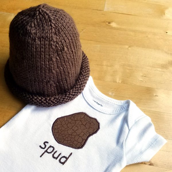 spud hand embroidered bodysuit and hand knit spud hat
