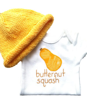 butternut squash hand embroidered bodysuit and hand knitted butternut squash hat