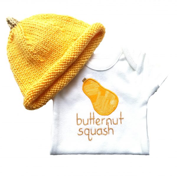 butternut squash hand embroidered bodysuit and hand knitted butternut squash hat