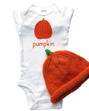 hand embroidered pumpkin bodysuit and hand knitted pumpkin hat