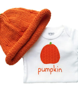 hand embroidered pumpkin bodysuit and hand knitted pumpkin hat