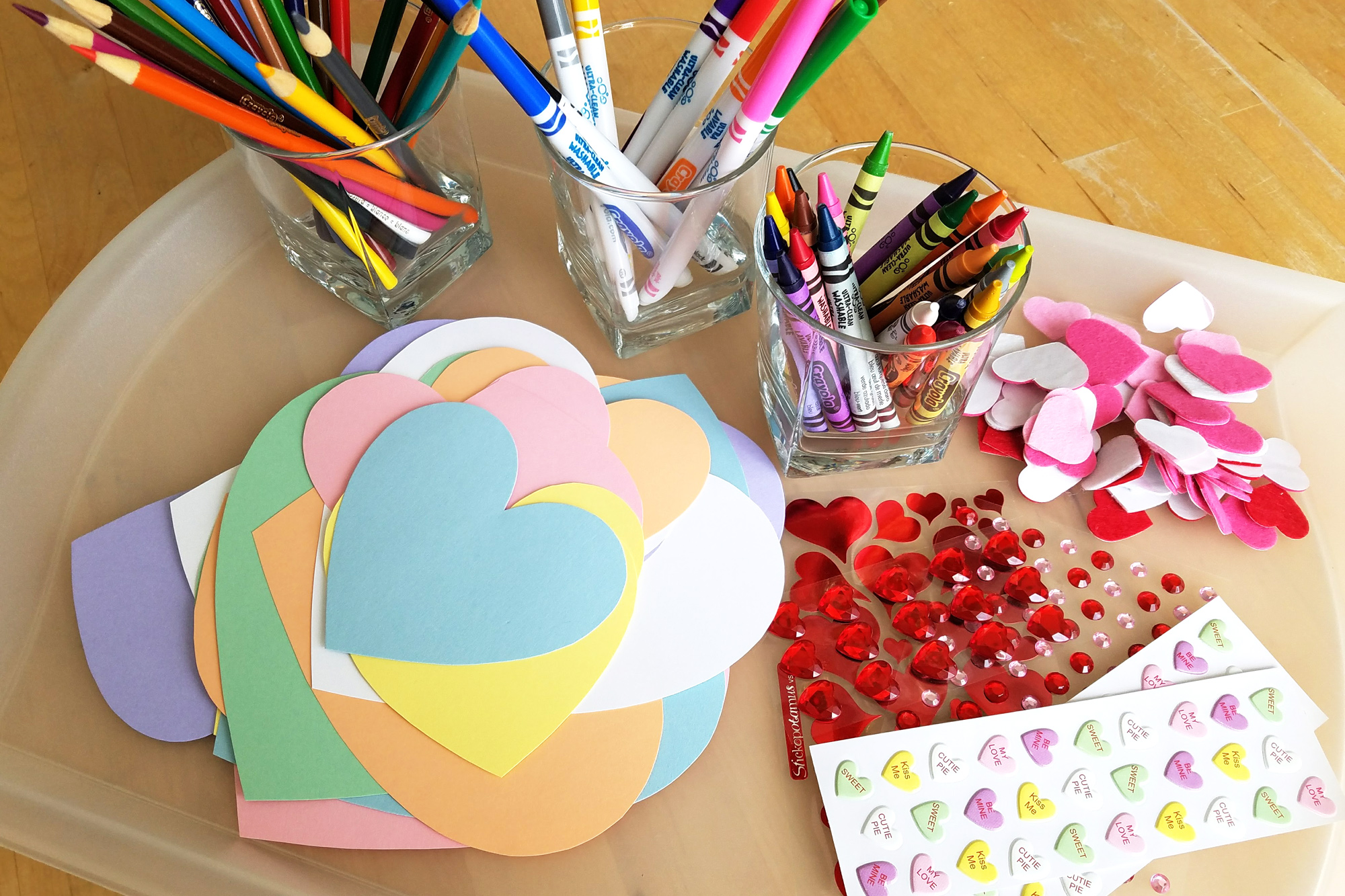 easy + simple valentines supplies: markers, crayons, stickers