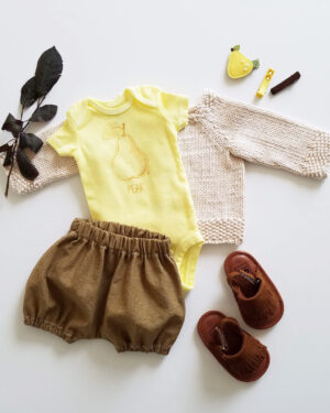 hand dyed, screen printed pear bodysuit with brown bloomers and natural cotton cardigan