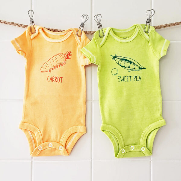 peas and carrots screen printed bodysuits