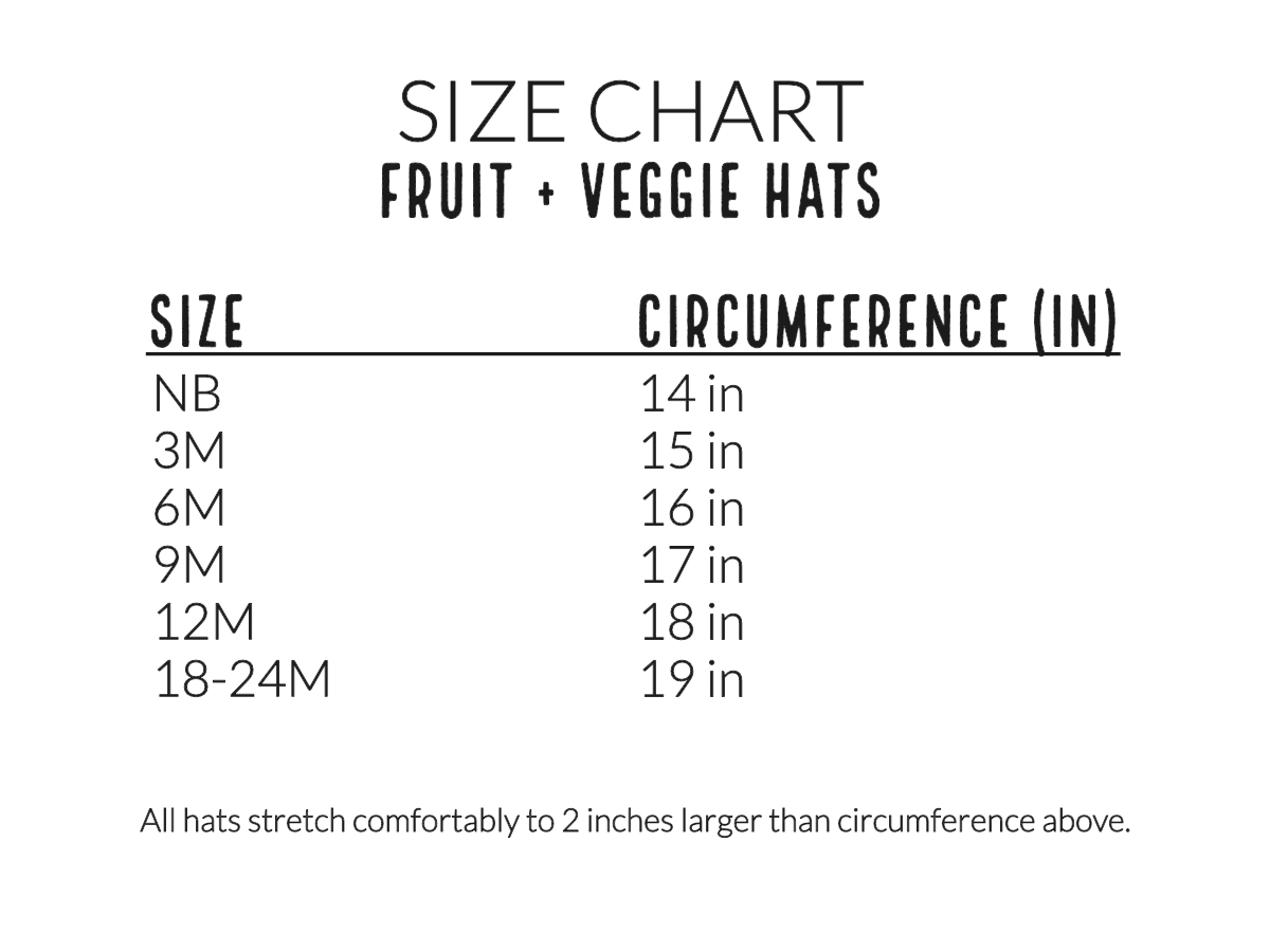 FRUIT + VEGGIE hand knit hat size chart
