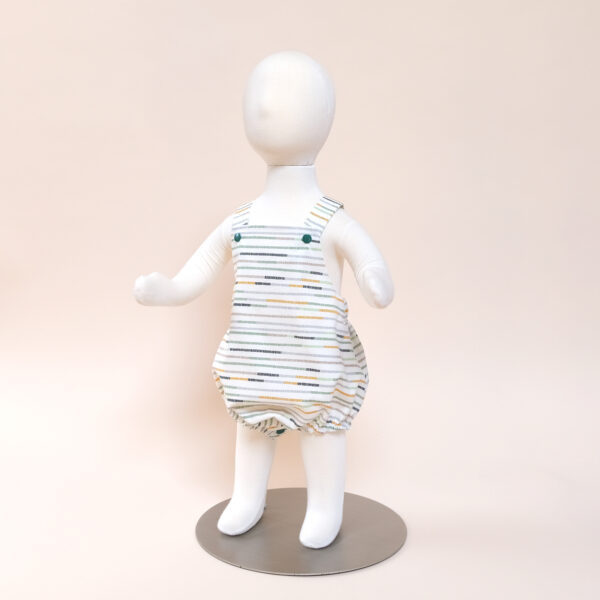 logan romper needlepoint stripe print on mannequin for boys or girls