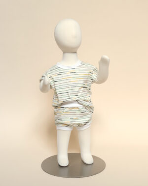 marley short sleeve tee + harper bummies on mannequin - needlepoint stripe print